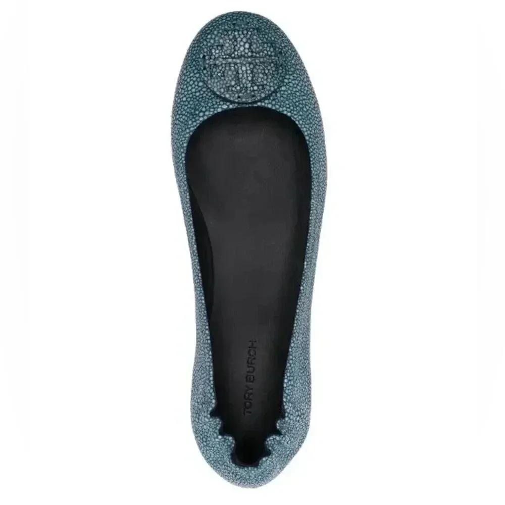 Tory Burch Aqua Reva Speckled Pebbled Leather Logo Flats